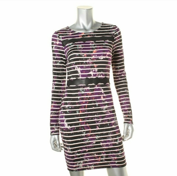 Long Sleeve Bodycon Dress Stripe Purple Print Material Girl Mesh Inserts Medium - Picture 1 of 8